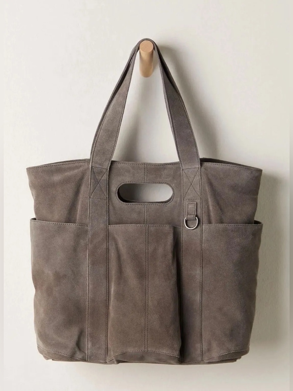 NWT new free people suede caravan tote bag gray large taupe real leather